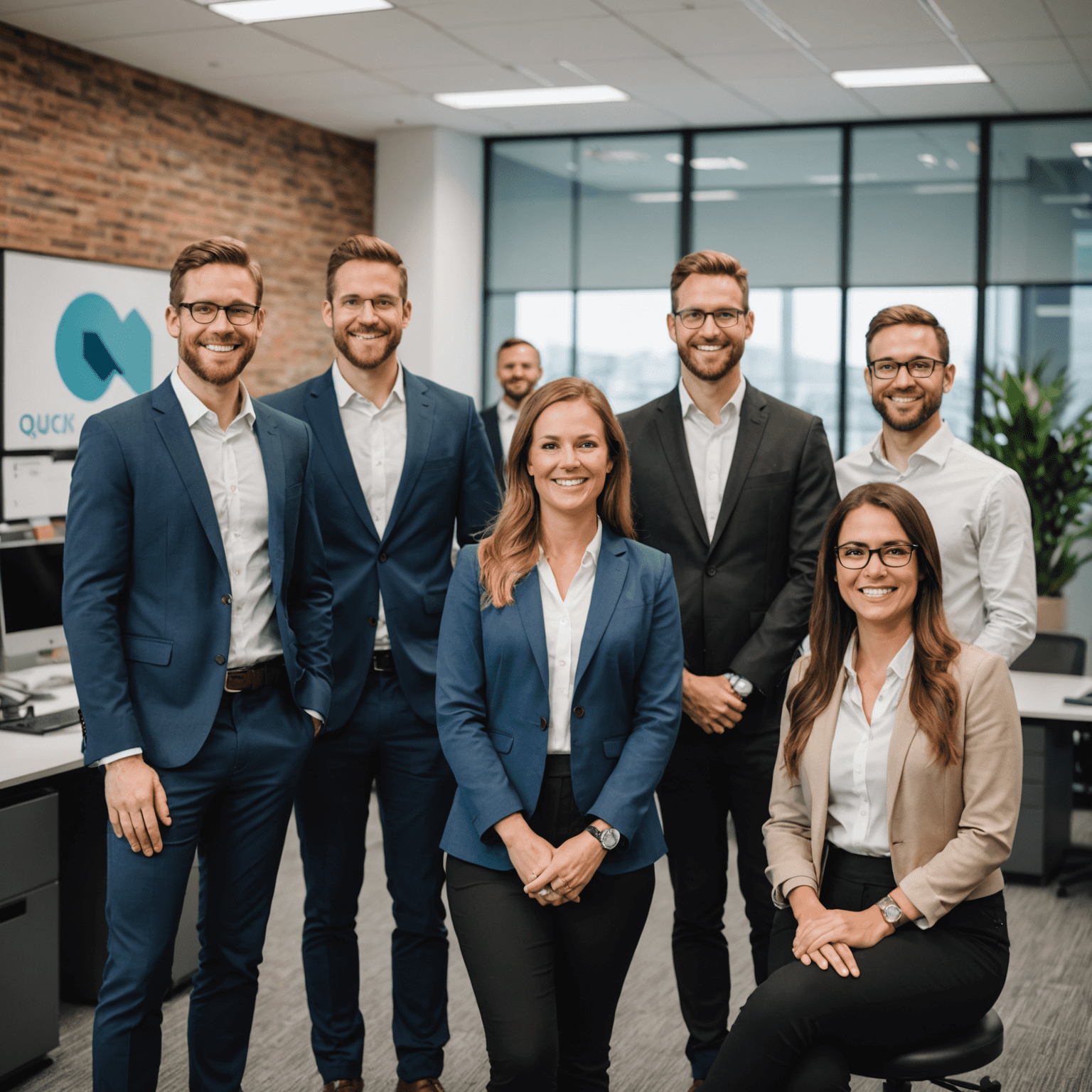 A group photo of the Quick Recharge team, smiling and looking professional, with a modern office background