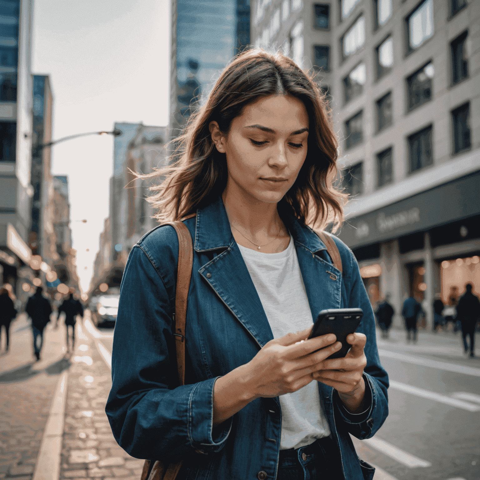 A person using a smartphone with high-speed 5G internet connection outdoors in a city setting