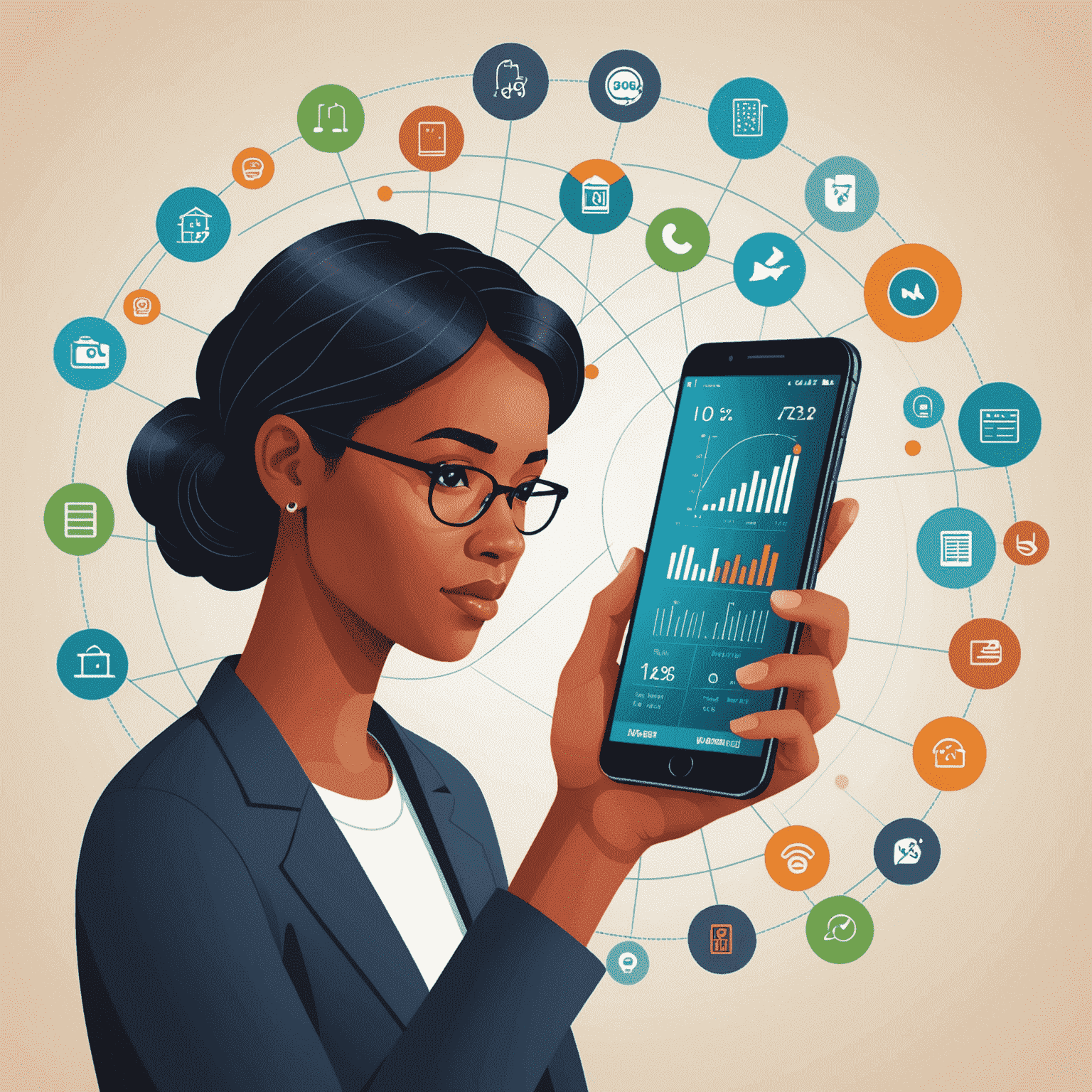 Illustration of a person using a smartphone with data usage charts and icons